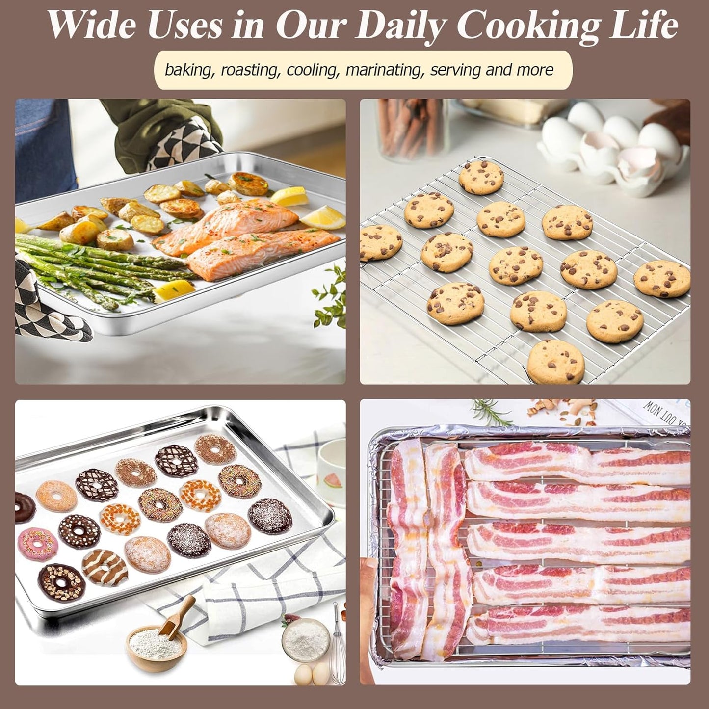 Baking Sheet with Rack Set (2 Pans + 2 Racks), Stainless Steel Baking Pan Cookie Sheet for Baking, Non Toxic & Healthy, Easy Clean & Dishwasher Safe - 4 Pack
