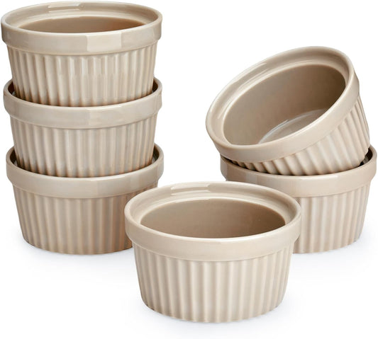 8 Oz Ramekins Set of 6, Creme Brulee Ramekins Oven Safe, Porcelain Ramiken Set, Souffle, Custard Cups for Baking and Ice Cream Bowl, Beige Gray