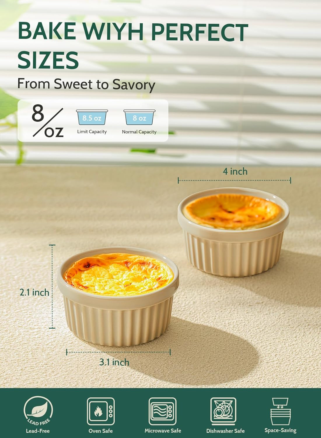 8 Oz Ramekins Set of 6, Creme Brulee Ramekins Oven Safe, Porcelain Ramiken Set, Souffle, Custard Cups for Baking and Ice Cream Bowl, Beige Gray