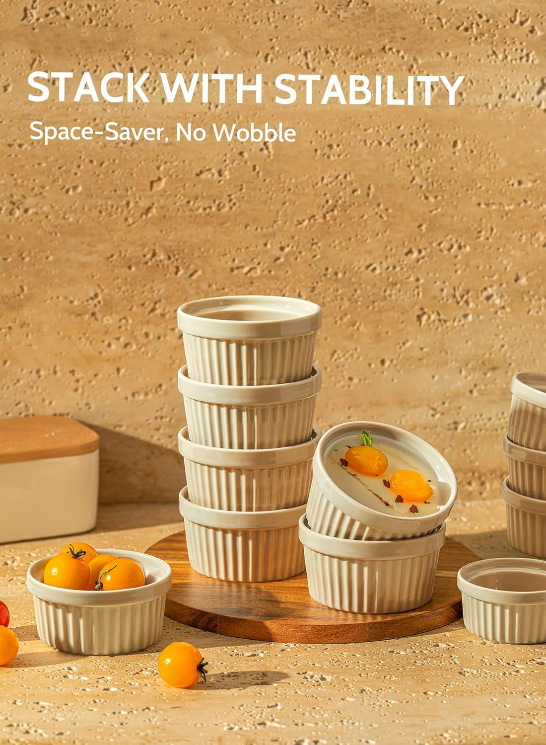 8 Oz Ramekins Set of 6, Creme Brulee Ramekins Oven Safe, Porcelain Ramiken Set, Souffle, Custard Cups for Baking and Ice Cream Bowl, Beige Gray