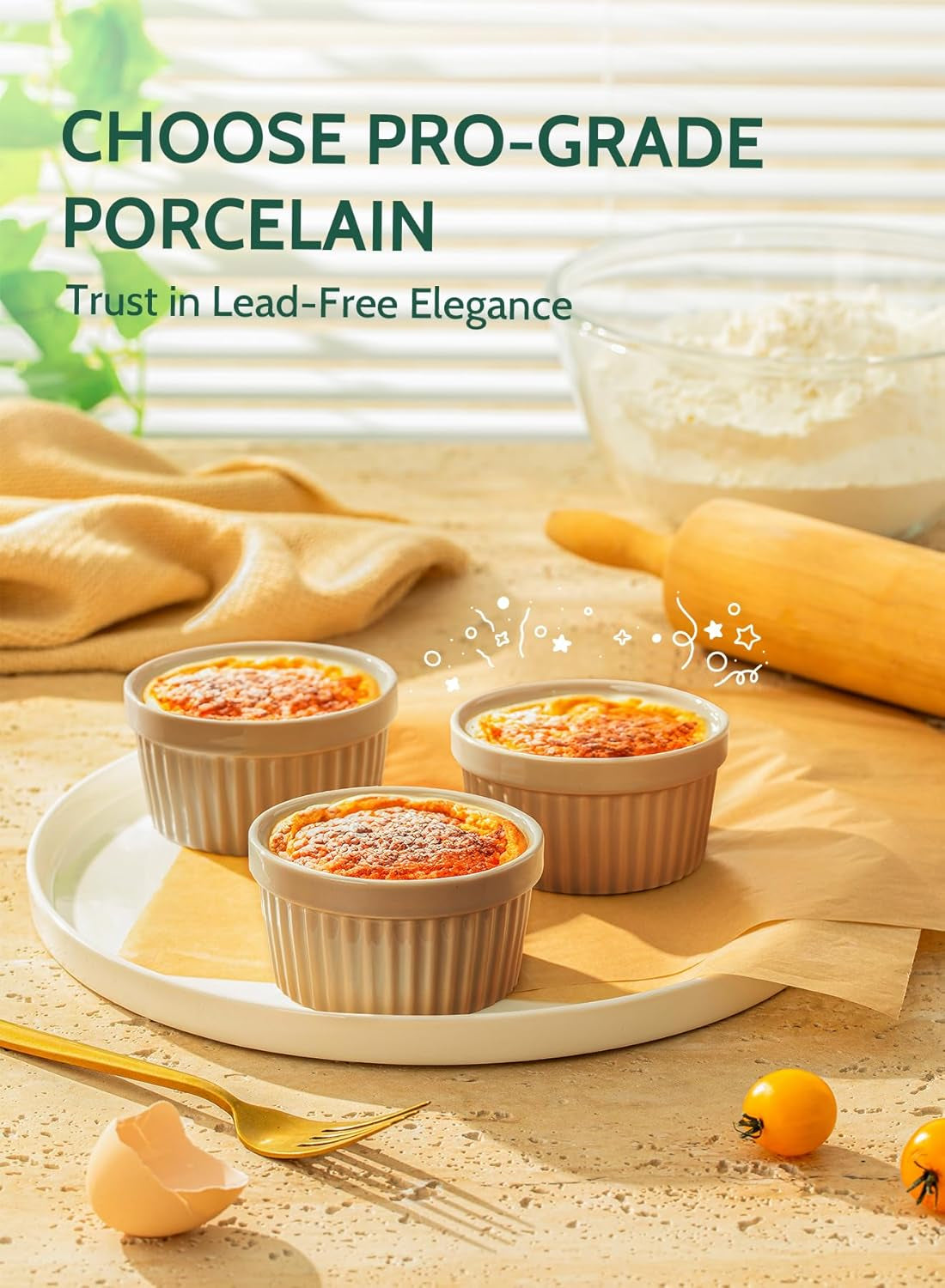 8 Oz Ramekins Set of 6, Creme Brulee Ramekins Oven Safe, Porcelain Ramiken Set, Souffle, Custard Cups for Baking and Ice Cream Bowl, Beige Gray